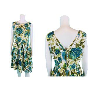Vintage 1960s Floral Dress Blue Green Rose Print Sundress | W 30"